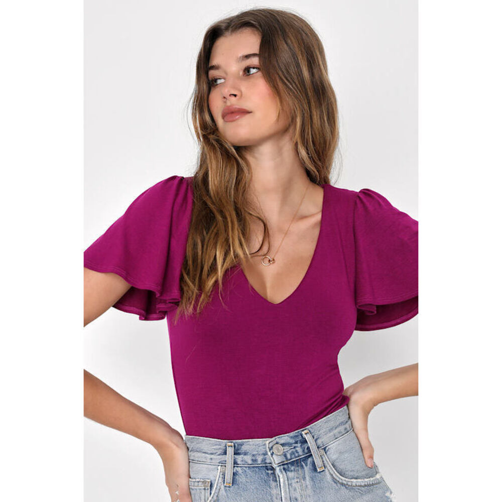 Lulus Have You Crushin' Magenta Purple Flutter Sleeve Bodysuit - Size M